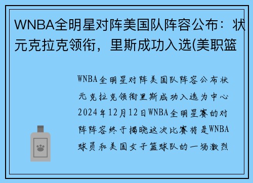 WNBA全明星对阵美国队阵容公布：状元克拉克领衔，里斯成功入选(美职篮全明星投票)